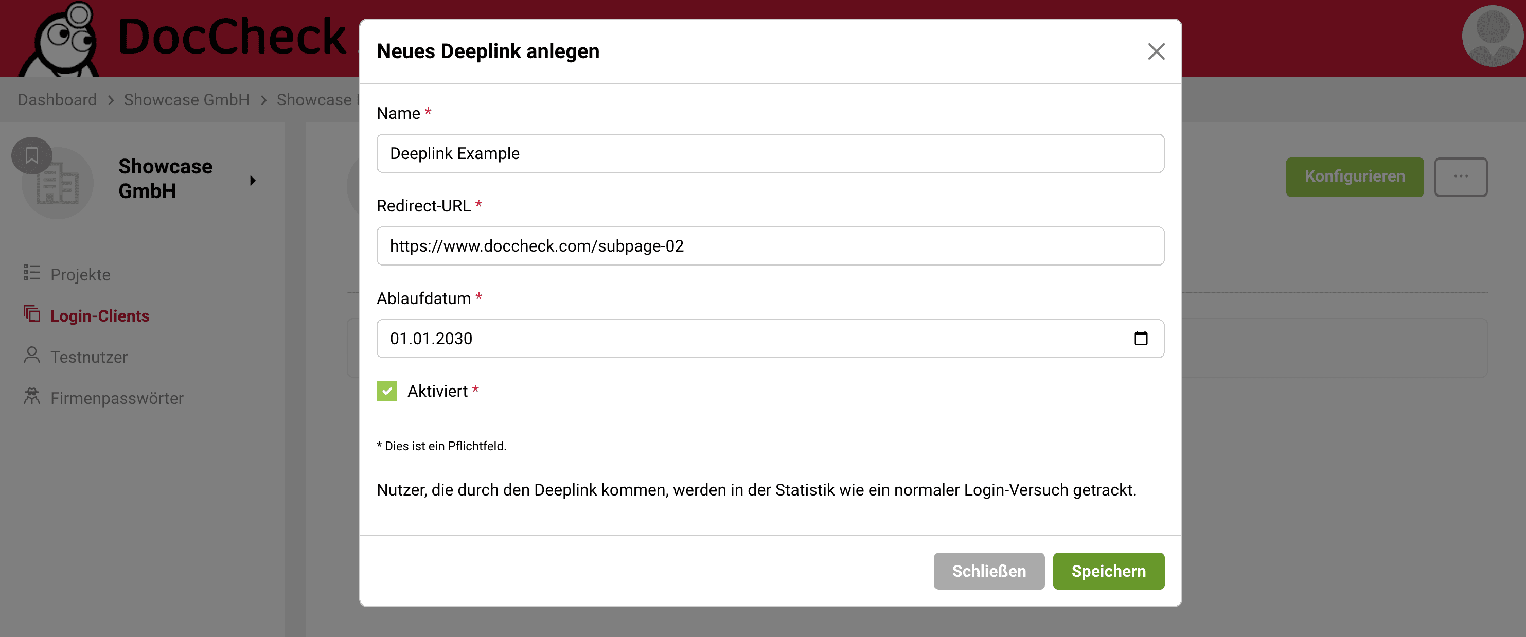 Dialog zum Anlegen eines Deeplinks mit Name, Redirect-URL, Ablaufdatum und Aktivierungsstatus