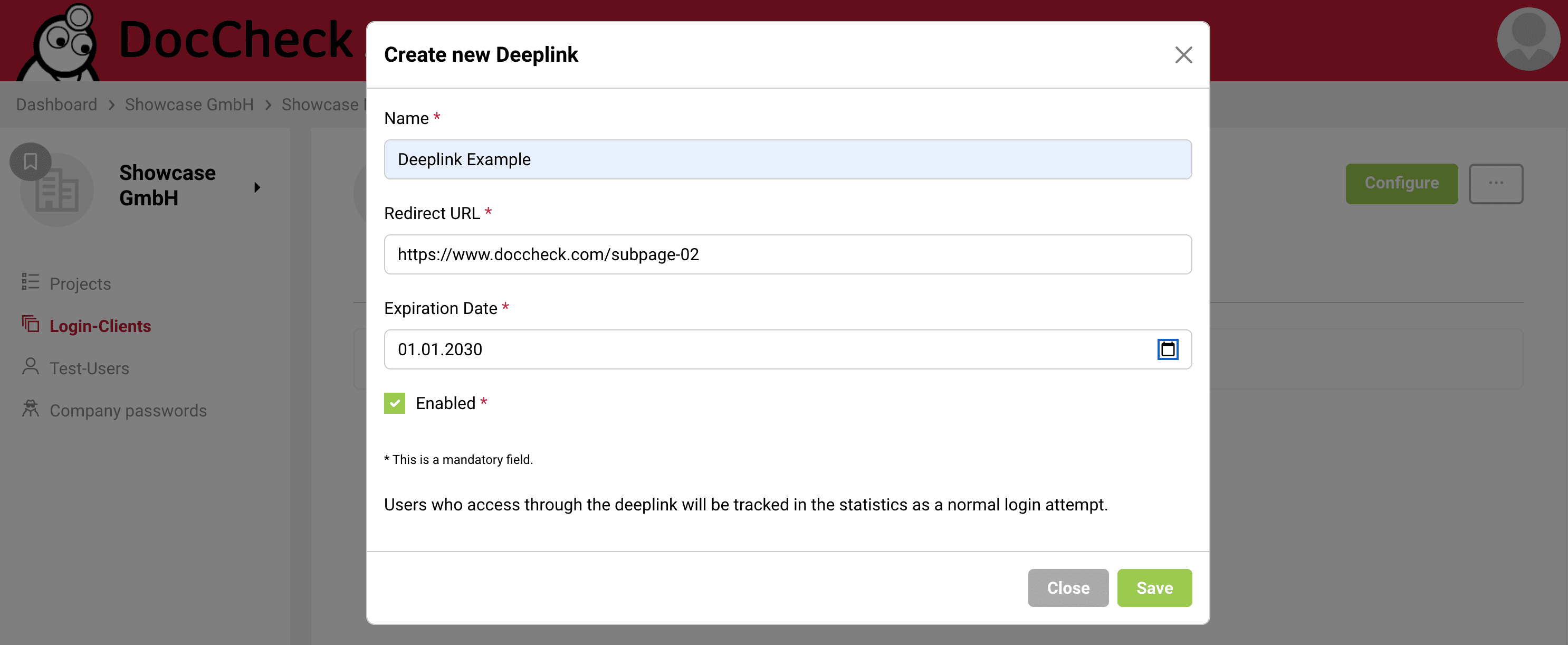 Create deeplink dialog with fields for name, redirect URL, expiration date, and enabled status