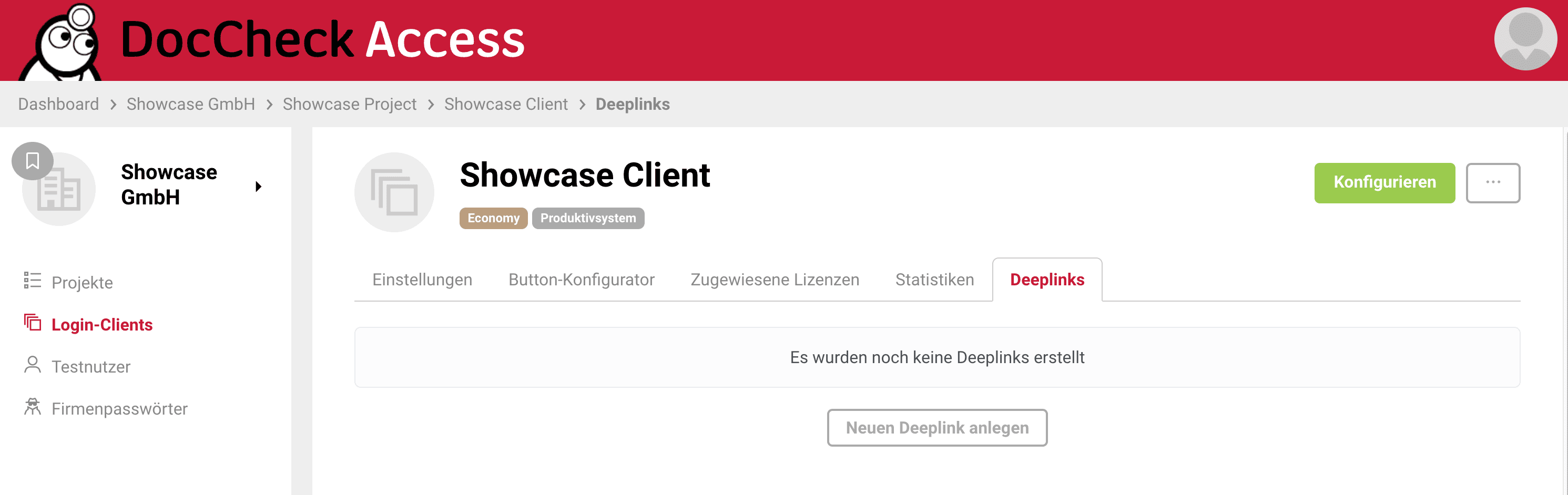 Leere Deeplink-Übersicht eines Login-Clients mit dem Button „Neuen Deeplink anlegen“