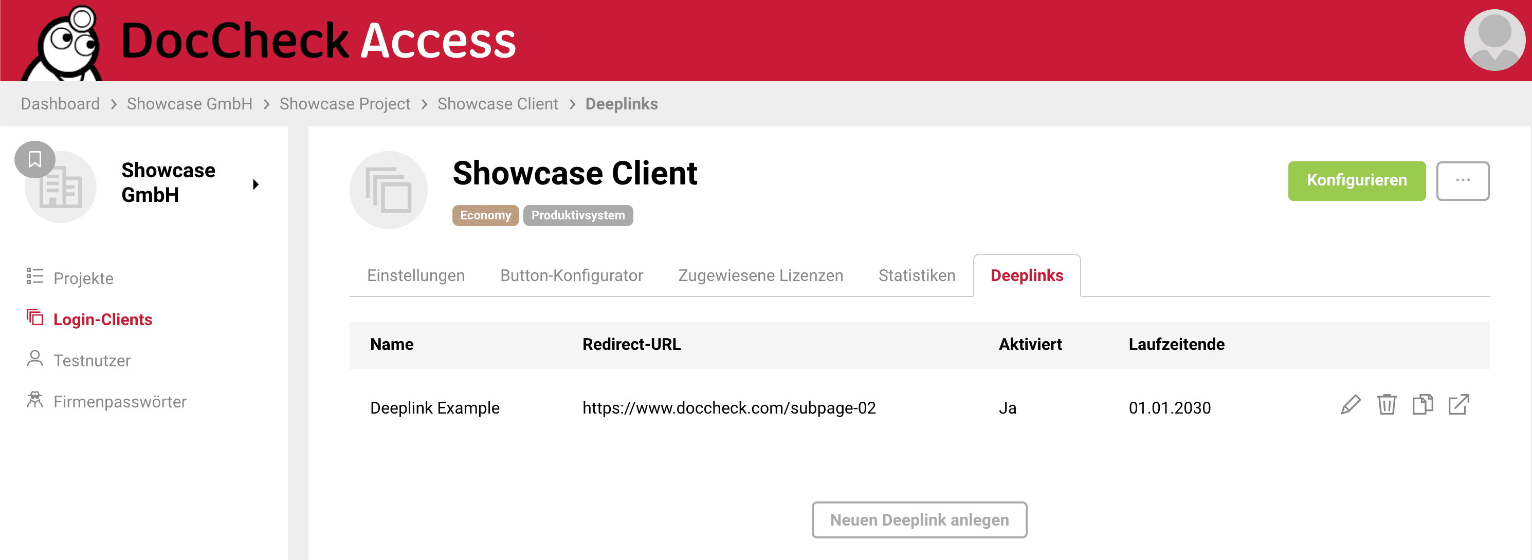 Deeplink-Übersicht mit einem aktiven Eintrag sowie Aktionen zum Bearbeiten, Löschen, Kopieren und Öffnen
