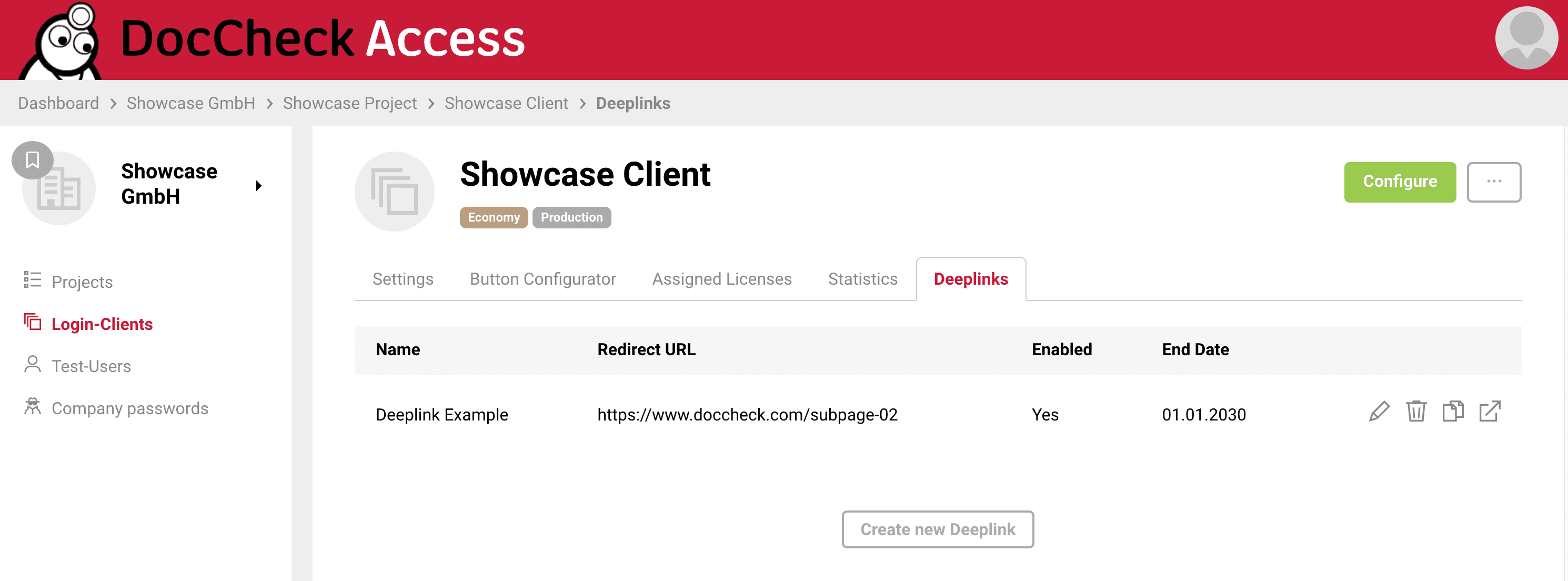 Deeplink overview with an enabled entry and actions to edit, delete, copy, and open it